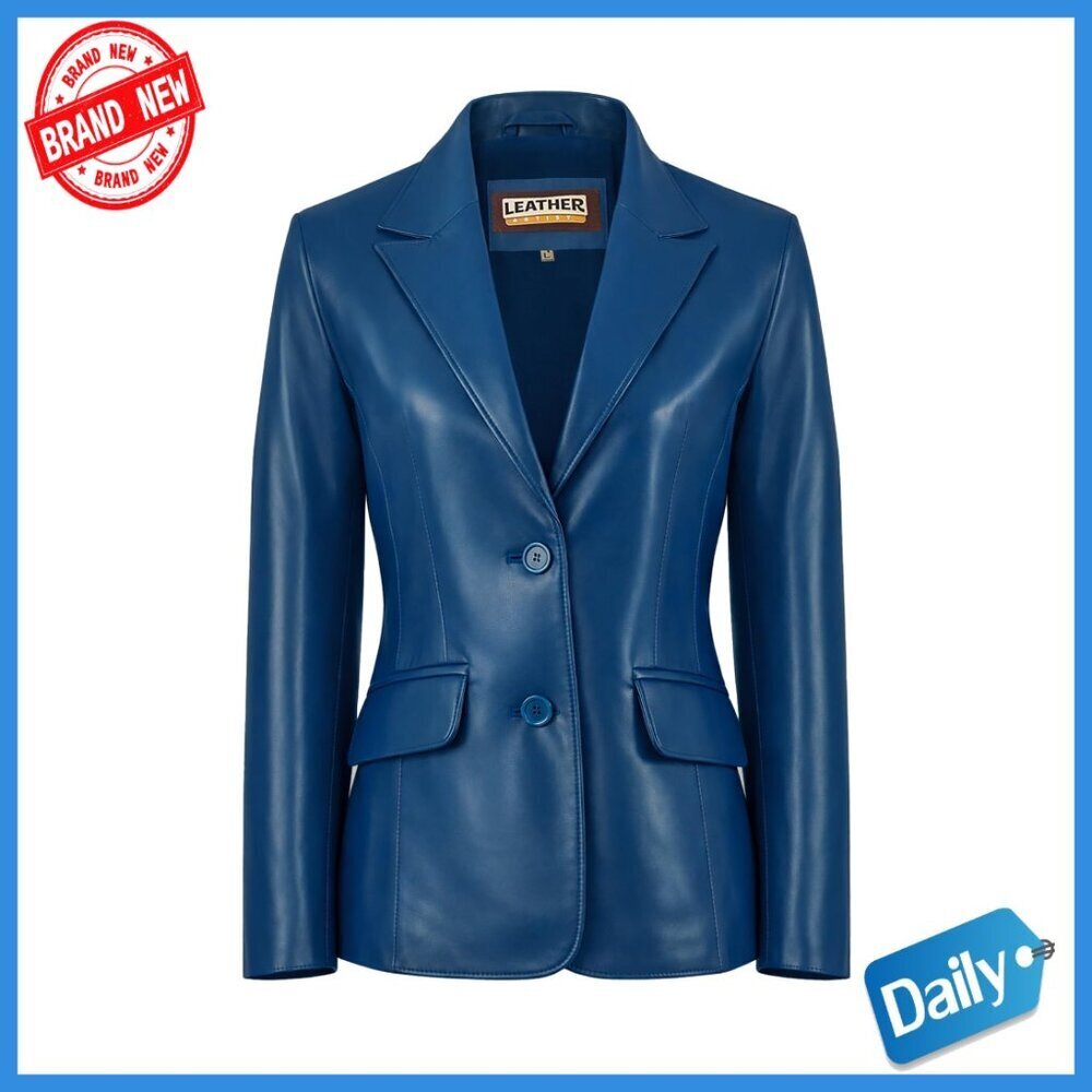 Tailored Lambskin Leather Blazer Jacket for Women, Lapel Collar, Button Front